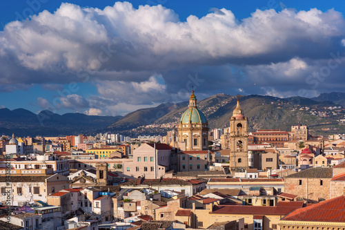 Beautiful aerial view of sunny Palermo with Church of Saint Mary of Gesu in the morning, Sicily, Italy
