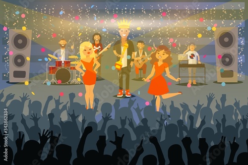 People musicians perform at concert in front public, vector illustration. Music group receive award on stage, famous singer character achieved fame. Indoor musical instruments and large speakers.