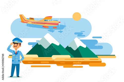 Airplane taxi in flight over high mountains, vector illustration. Man character in pilot form stand on ground, suit and cap with Aeroflot sign. Air transportation services provision banner.