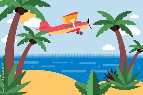 Airplane fly to tropical island, trip across ocean set vector illustration. Private transport flying cartoon, sandy island and coconut palms. Clear favorable weather for trip, sun and clouds.
