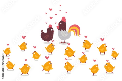 Animal chicken, rooster and yellow little chicks, farm collection vector illustration. Breeding poultry, animal with beak and thin legs. Cartoon chicken offspring, feathered flightless creature.