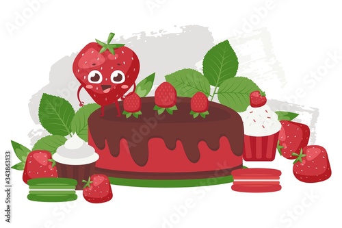 Strawberry cake with chocolate, bread set vector illustration. Mint sweet pastry, quality product. Strawberry character on top for dessert, macaroons, cupcakes with fondant banner.