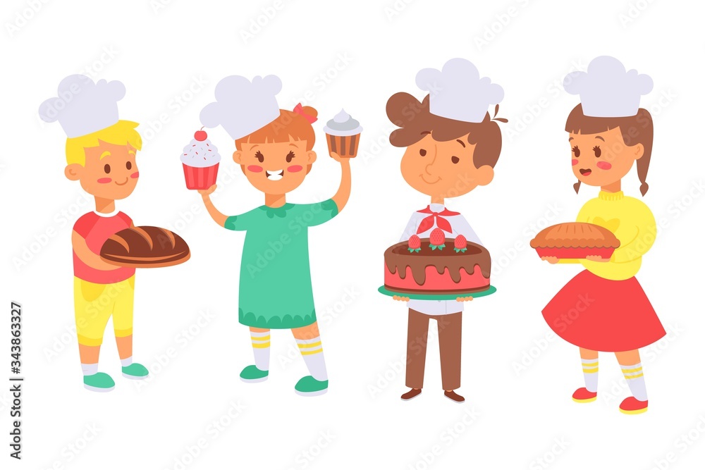 Children bake bread, useful hobby set vector illustration. Characters boys, girls in cook hats hold their dishes. Bread, muffins with cream, chocolate cake and closed cake. Chefs happy with result Children bake bread, useful hobby set vector illustration. Characters boys, girls in cook hats hold their dishes. Bread, muffins with cream, chocolate cake and closed cake. Chefs happy with result