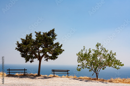 Aussicht auf das Meer mit zwei Sitzbänken und zwei Bäumen im Vordergrund