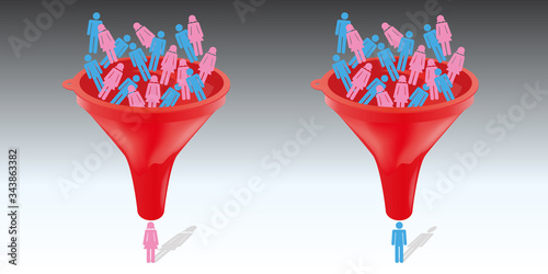 Image conceptuelle montrant un entonnoir pour symboliser et le principe d’une sélection paritaire entre les hommes et les femmes dans les entreprises.