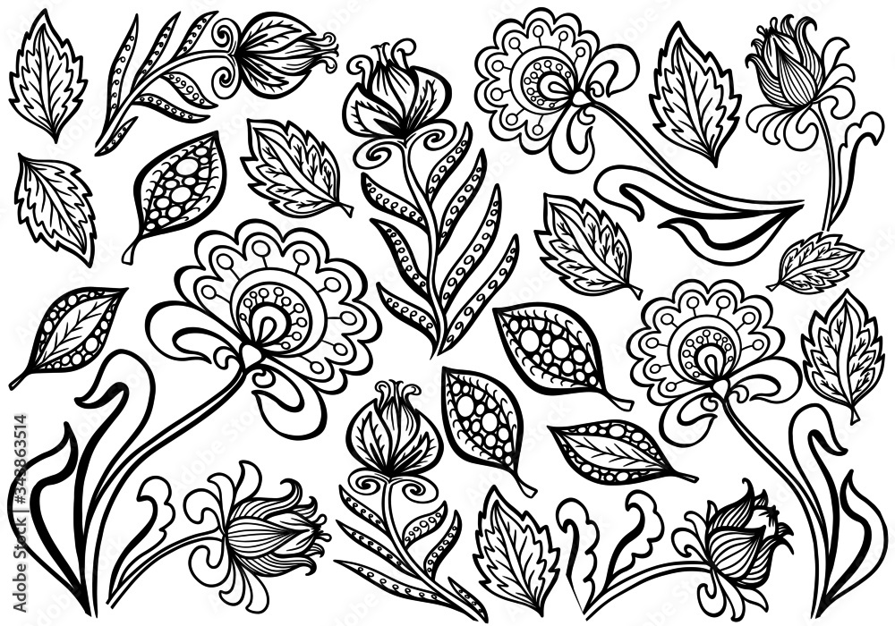 flowers leaves graphic coloring book banner vector isolate poster outline ornamental anti stress illustration page