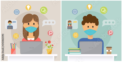 businessman and businesswoman wear medical mask and work from home. Teleconference. Corona virus outbreak pandemic, vector illustration