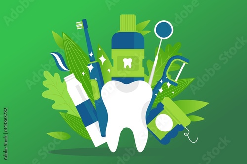 Dental health element, prevention and treatment vector illustration. White cartoon healthy tooth, toothpaste, toothbrush, mouthwash and dental floss. Devices for maintaining healthy oral cavity.