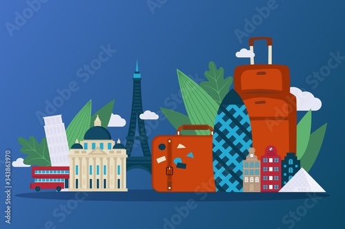 Embark on journey through picturesque europe, vector illustration. Famous countries buildings, Gherkin skyscraper, Eiffel and Leaning Pisa Towers. Beautiful architecture, significant mainland places
