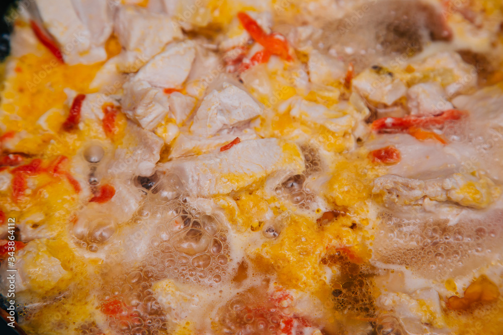 Meat with onions and carrots simmer in a pan. Cooking . Chicken Stew Meat with onions and carrots simmer in a pan. Cooking . Chicken Stew