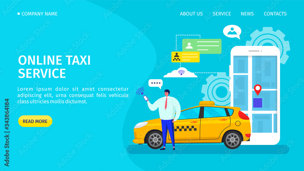Online taxi service application, webpage vector illustration. Ordering transport car, location on map technology. Man customer character waiting taxi, smartphone show his location on screen. Online taxi service application, webpage vector illustration. Ordering transport car, location on map technology. Man customer character waiting taxi, smartphone show his location on screen.