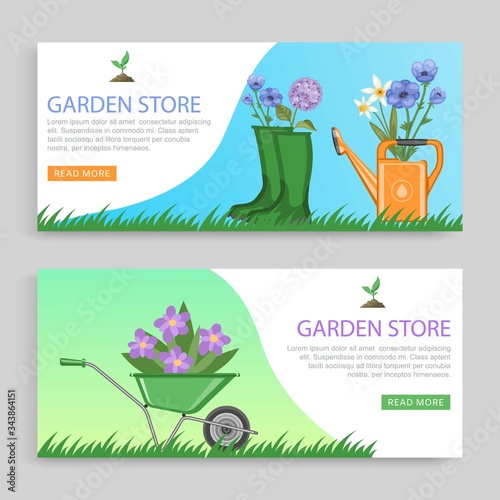 Garden store banner set, decor vector illustration. Watering can web page, plants in rubber boots standing on lush grass. Violets seedlings transportation in convenient cart landing banner.