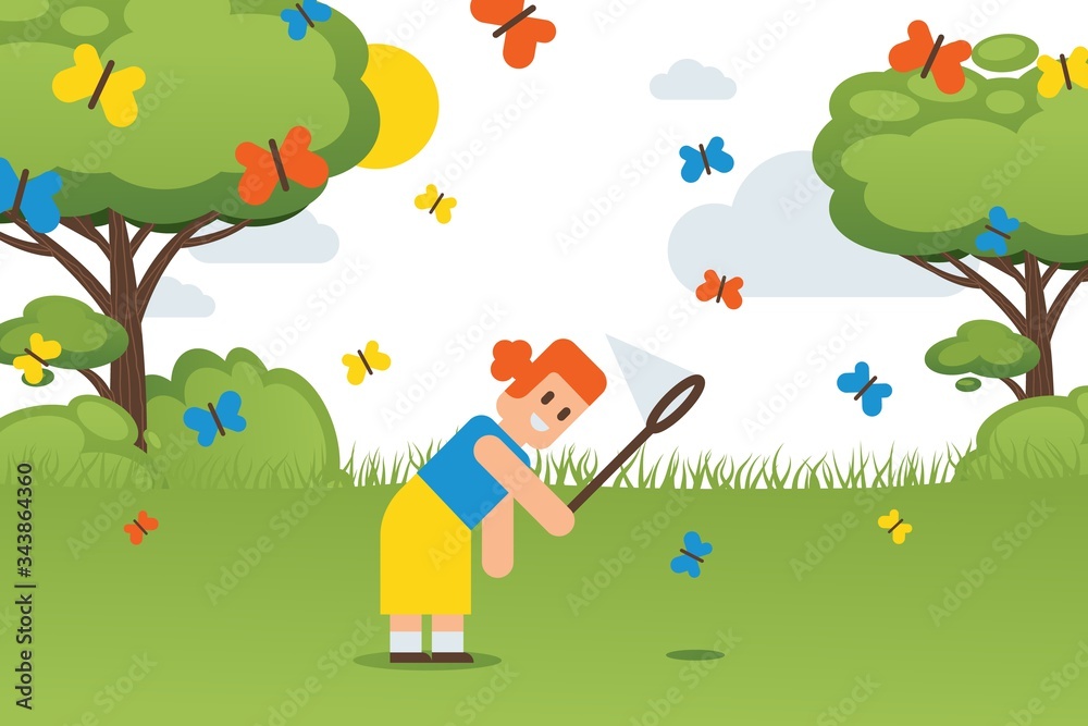Fototapeta premium flat easter kids, free time for holidays vector illustration. girl character walk with butterfly net in park, on meadow she catch colorful butterflies. hobby outside, child exploring nature.