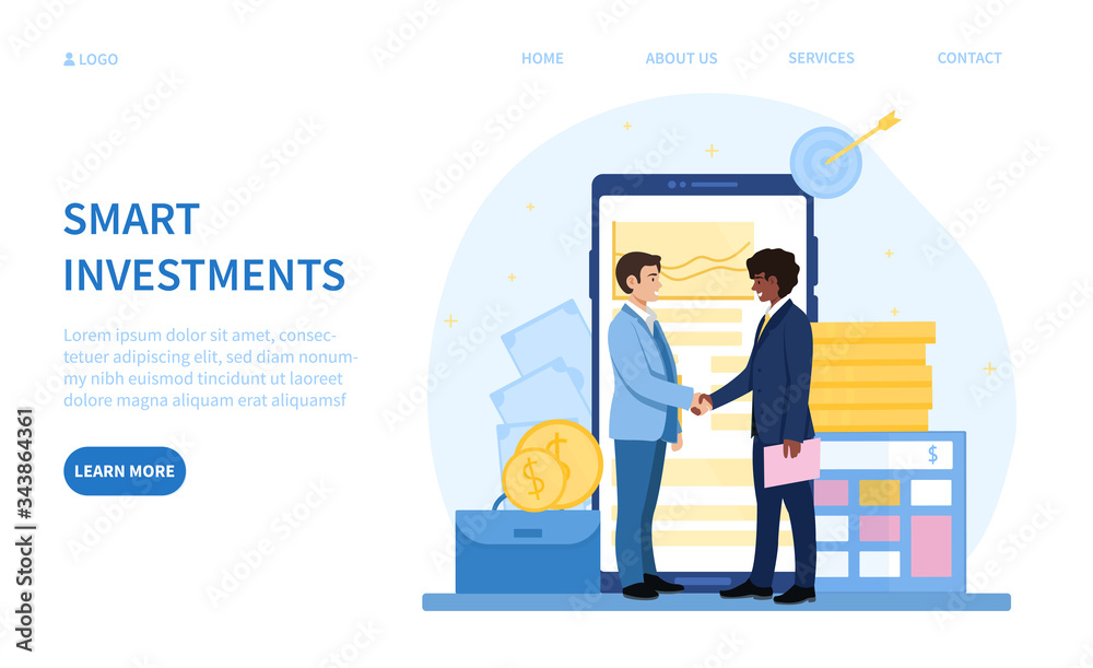 Reaping the rewards from a smart investment with two businessmen shaking hands in front of a mobile phone, briefcase and stacked gold coins, colored vector illustration with copy space for text
