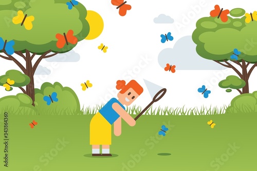 flat easter kids  free time for holidays vector illustration. girl character walk with butterfly net in park  on meadow she catch colorful butterflies. hobby outside  child exploring nature.