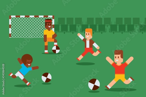 Flat active entertainment for kids outside, vector illustration. Boys character in sportswear running on field, playing funny football. Players dribble ball, goalkeeper defends goal.