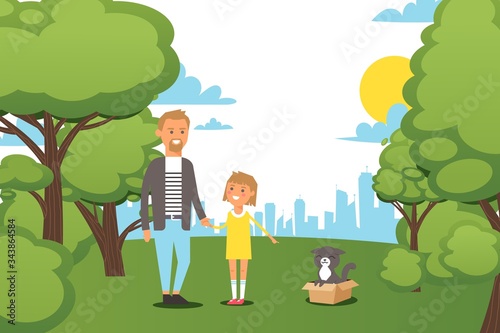 Flat people family, walking at city park with little daughter vector illustration. Man character hold child hand, girl show father stray cat in box. Free time with family outside, helping animal.