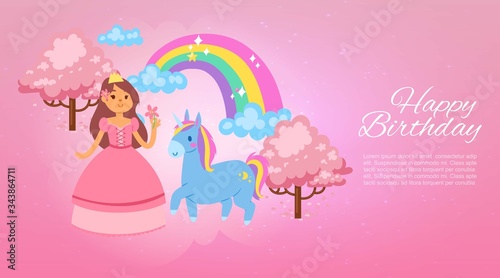 Happy birthday magic background, vector banner. Girl princess character in beautiful dress, unicorn magic horse. Colorful rainbow between clouds, blooming sakura pink foliage illustration.