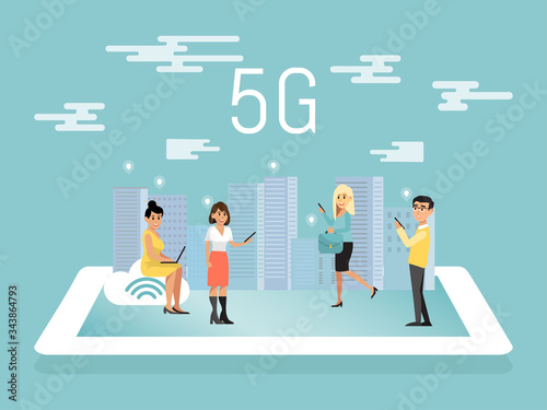 Fast speed 5g internet, character people male and female use gadget, technological flat vector illustration. Concept design city future, data mobile phone, rapid information exchange.