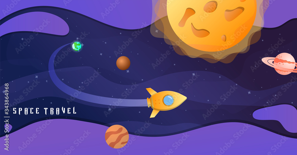 Space travel concept with rocket and planets circling the sun in a panorama banner, colored vector illustration