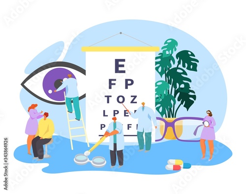 Ophthalmology clinical eye care, vector illustration. Sight correction and diagnostic, testing equipment. Vision examination table, doctor check patient eye, prescribe lenses and glasses. © creativeteam
