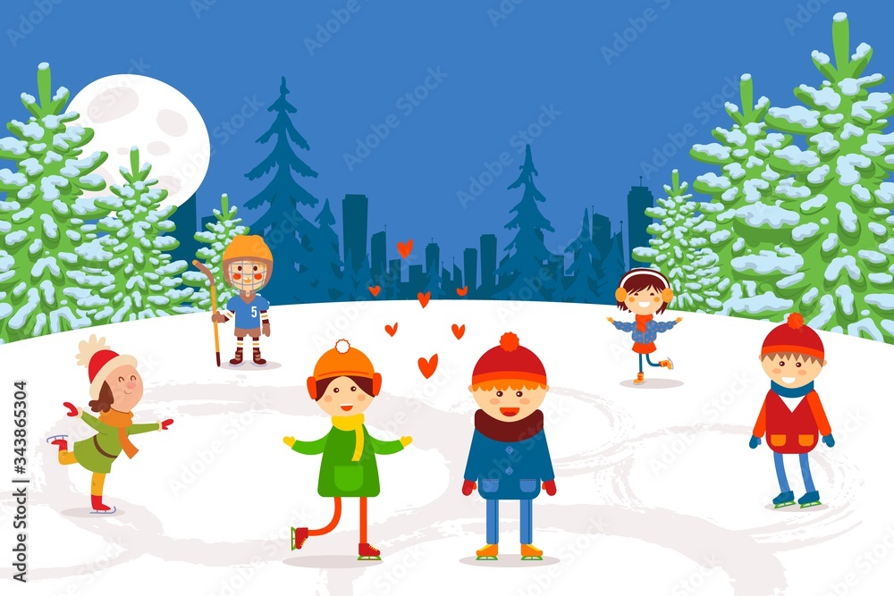 Naklejka premium Flat kids ice skating on frozen lake, vector illustration. Boys and girls in warm clothes actively spend their free time outside in winter. Figure skating and hockey game in frosty weather.