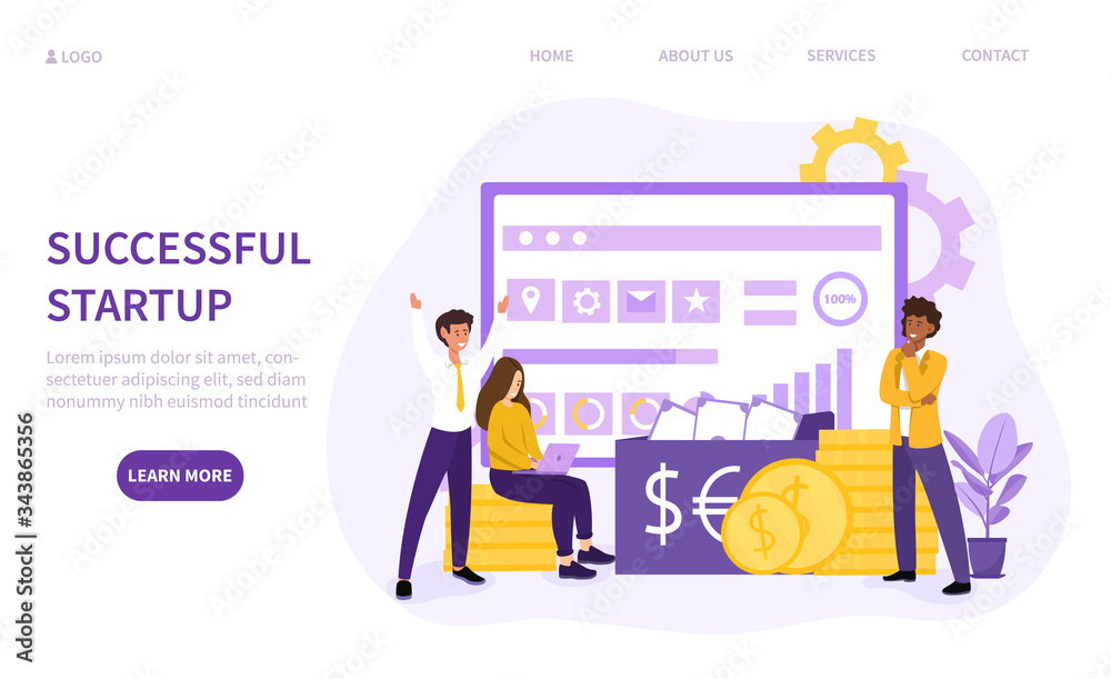 Succesfull business startup concept with multiracial team working in front of a big screen and stacked gold coins, colored vector illustration with copy space for text