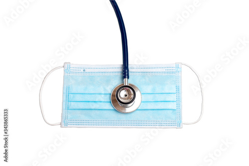 Coronavirus-Covid19 blue Medical Mask. Face mask protection against pollution, virus, flu and coronavirus. Health care and surgical concept. Blue Medical Mask, Blu Stethoscope on white background