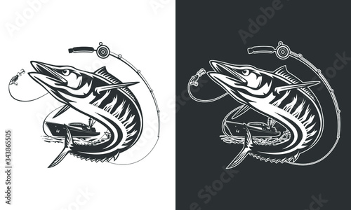 Illustration of a wahoo , Acanthocybium solandri, a scombrid fish jumping up viewed from the side set on isolated white background done in retro style.