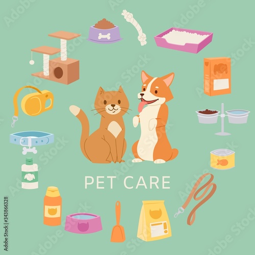 Pet care set for petshop contains toys, collar, food, cartoon cat and dog, bowls, shampoo vector illustrations. Cats and dogs pet care store of animal care concept.