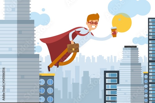 Superhero assistant flies to work with takeaway coffee, business worker vector illustration. Man in cloak move through air, power in worker speed. Cartoon office in big city skyscraper.