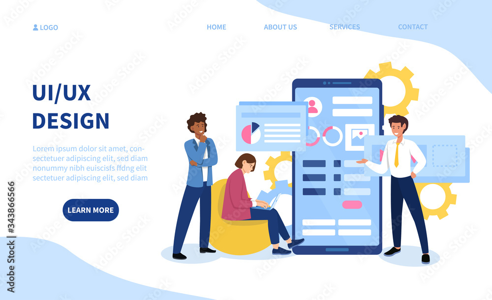 UI or UX design template for business showing a diverse team sharing ideas and collaborating in the design of a user interface on a mobile device, colored vector illustration UI or UX design template for business showing a diverse team sharing ideas and collaborating in the design of a user interface on a mobile device, colored vector illustration