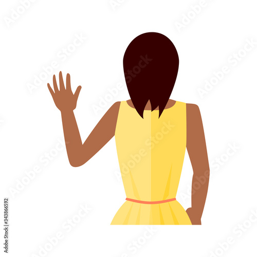 Woman in a yellow dress waving from behind vector