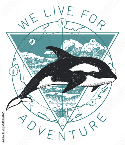 Vector banner in retro style on the theme of adventure, travel and discovery with the words We live for adventure. Pencil-drawn illustration in retro style on with killer whale, sea waves and old map