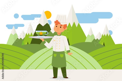 Worker brought hot herbal drink, green tea vector illustration. Man in tunic and cap holds in hand tray with tea transparent cup. Kitchen service in high mountains resort, clean colorful meadows.