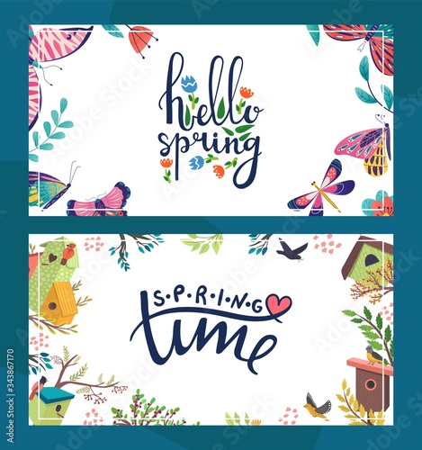 Spring floral postcard vector illustration. Hello spring template poster with...