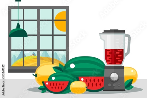 Fruit set on kitchen table, home field harvest vector illustration. Juicy melon and watermelon, preparing healthy cocktail in mixer. Outside window host s agriculture, self-grown products banner.