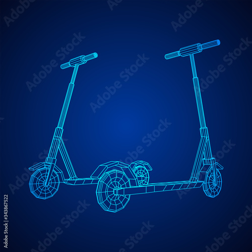 Roller scooter balance kick push bike. Eco alternative city transport. Wireframe low poly mesh vector illustration.