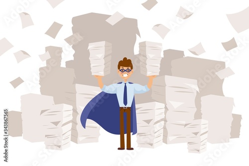 Superhero in long cloak and mask, business character vector illustration. Guy holds in hands large paper piles, work with documentation. Cartoon accountant s superpower in office space.