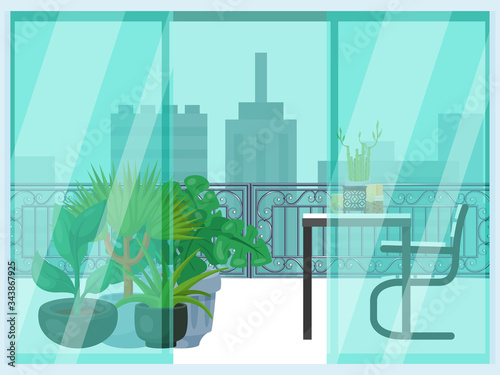 Urban look from balcony, concept cityscape and terrace loggia flat vector illustration. Cozy relax place, design interior pot flower, comfortable table chair. Luxury home perfect view on city.