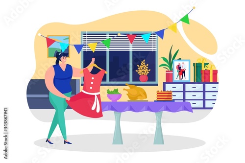 Preparing birthday celebration at home, vector illustration. Woman decorate r...