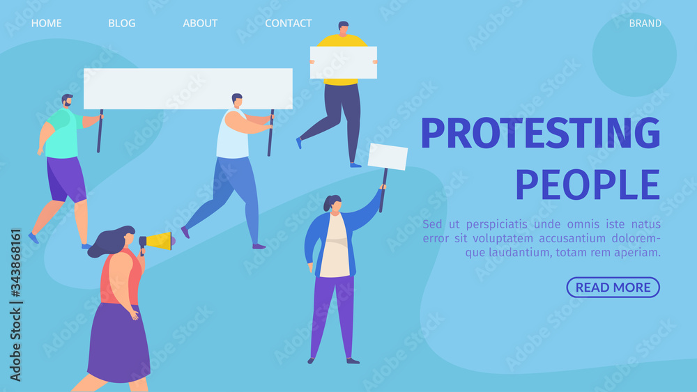Peopl protesters landing banner, vector illustration. Public meeting demonstration group with posters on street expresses political position. Demonstrator character shouting by loudspeaker.