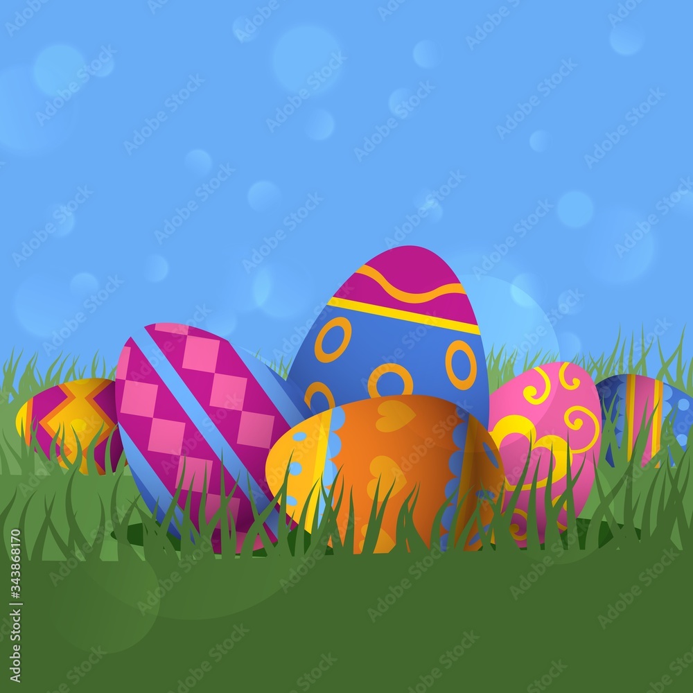 Painted multi-colored easter egg vector illustration. There festive products in grass, bright pictures with different prints on eggshell. Spring holiday celebration cartoon attributes.