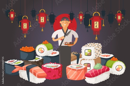 Chiefs asian nationality people vector illustration. Professional sushi cook in special gown, apron. Man holds knife and board with sushi in his hand. Around large cartoon seafood and fish dishes.