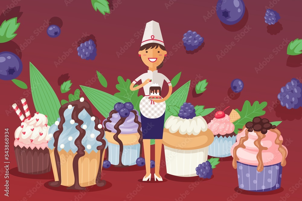 Naklejka premium Happy pastry chief people in cap vector illustration. Woman stands in midst many cupcakes decorated with fondant banner. Character chef holds cake in hand, puts strawberries on top.