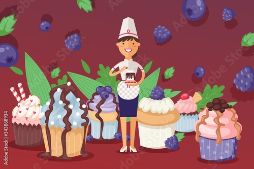 Happy pastry chief people in cap vector illustration. Woman stands in midst many cupcakes decorated with fondant banner. Character chef holds cake in hand, puts strawberries on top.