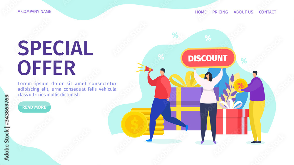 Obraz premium Special offer sale webpage, vector illustration. Discount on store product, shopping promo advertising and goods lower price. Worker character near large present boxes and gold cartoon coin.