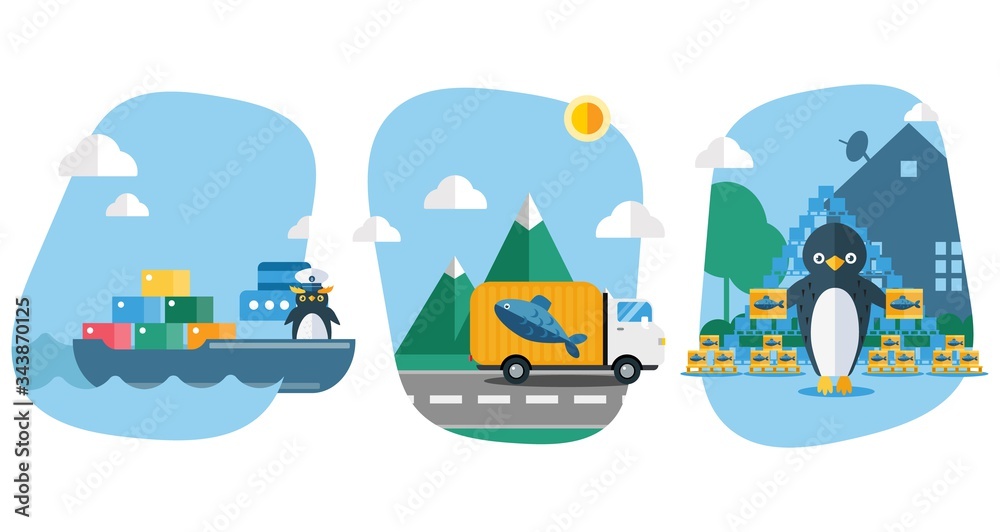 Fish delivery for penguins vector illustration. Bird carries goods, seafood in containers on ship. Truck transport fish for animal, banner happy penguin character with treat at home. Fish delivery for penguins vector illustration. Bird carries goods, seafood in containers on ship. Truck transport fish for animal, banner happy penguin character with treat at home.