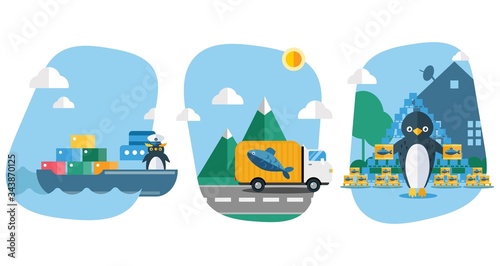 Fish delivery for penguins vector illustration. Bird carries goods, seafood in containers on ship. Truck transport fish for animal, banner happy penguin character with treat at home.
