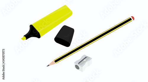 Vector Isolated Illustration of a Highlighter or Marker, a Pencil and a Pencil Sharpener